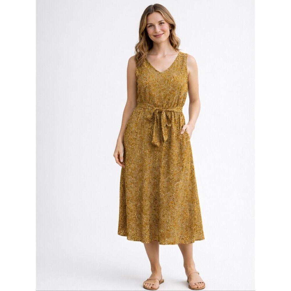 Diega Paris Abstract Print Sleeveless Midi Dress V-Neck Tie Waist Mustard Size L